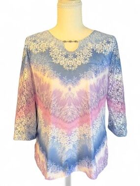 Alfred Dunner Pastel Ombre Lace-Print Long Sleeve Top - Pink Blue Purple